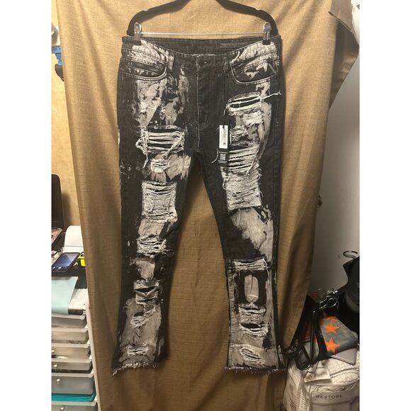 NWT Rockstar Original Size 38 Laban Black Bleach Stacked Flare Jean 37" Inseam - Picture 1 of 7